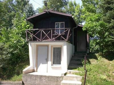 Kleines, dunkel verkleidetes Holzhaus mit Balkon auf einem weißen Sockel mit Tür und Fenster, seitlich eine Betontreppe, ringsum Bäume.