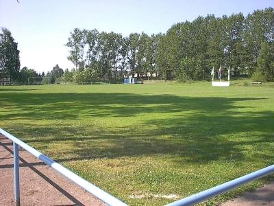 Weite Rasenfläche hinter einem Metallgeländer, am hinteren Rand ein Fußballtor, Fahnenmasten und eine dichte Reihe hoher Bäume.