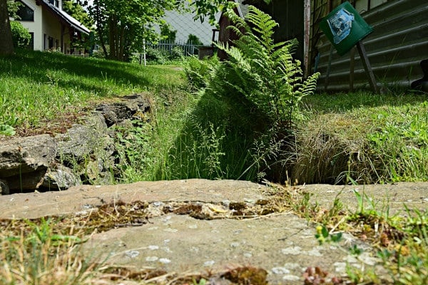 Schmaler, mit Natursteinen eingefasster Graben in einer Wiese, von Gras und einem großen Farn überwachsen, vorn eine Steinplatte, hinten Häuser.